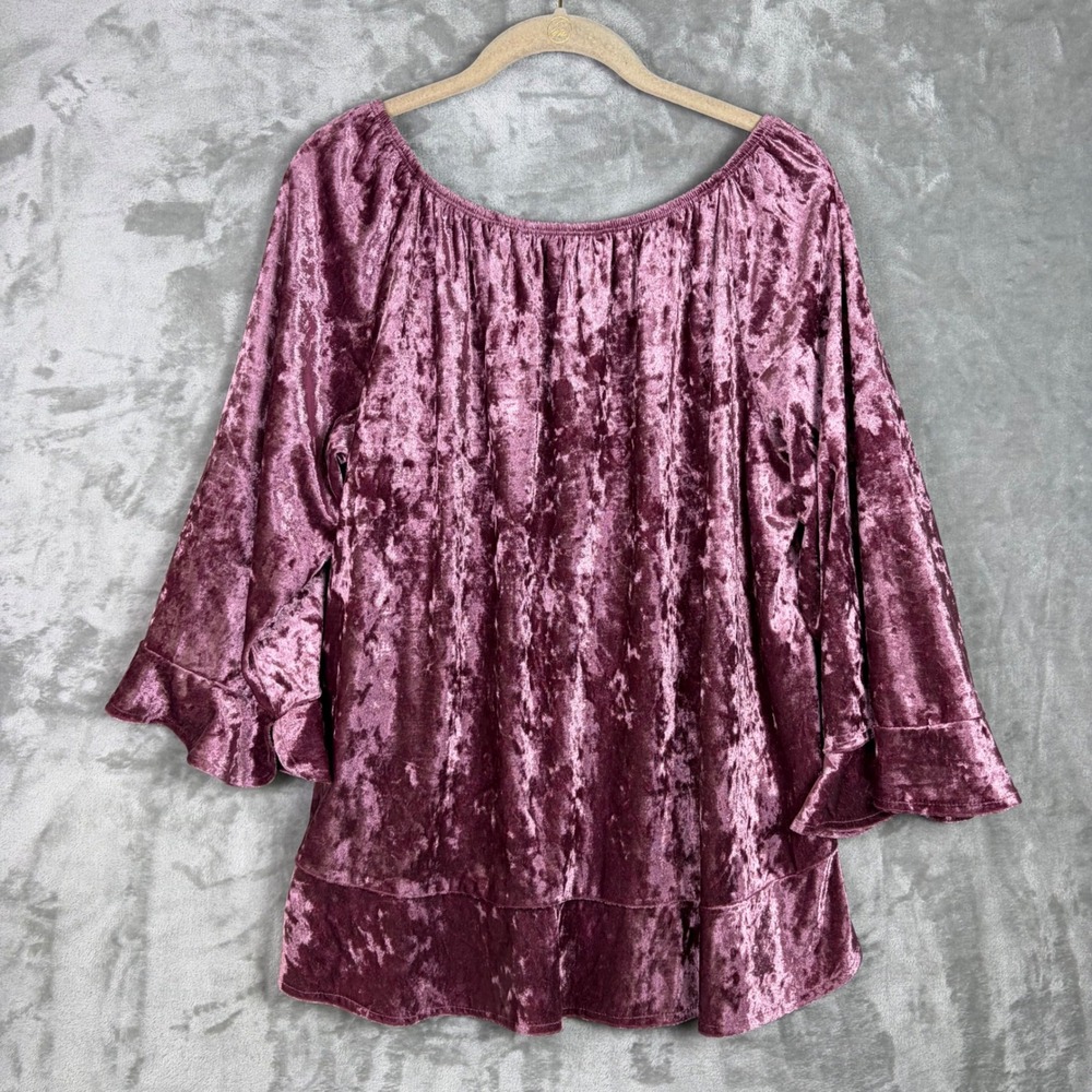 Valerie Stevens Crushed Velvet Bell Sleeve Top XL Boho Party Blouse Pink - Picture 2 of 10